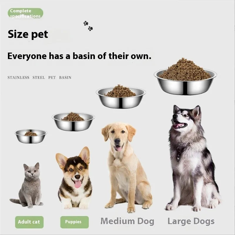 Stainless steel pet food bowl for dogs and cats with non-slip base in various sizes.