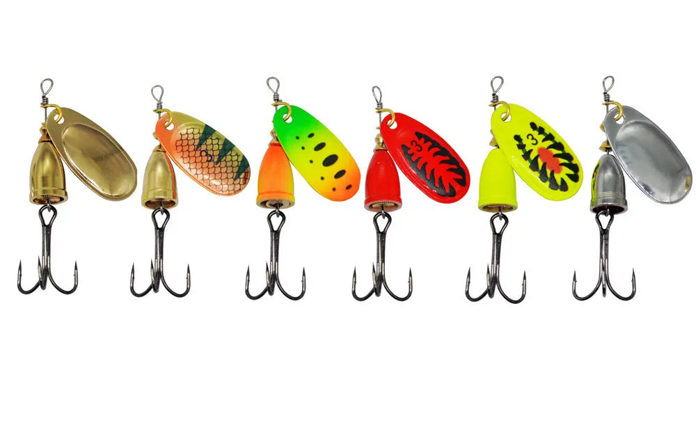 Metal fishing lure with rotating sequins and a copper bell in multiple colour variants including gold, red, and silver.