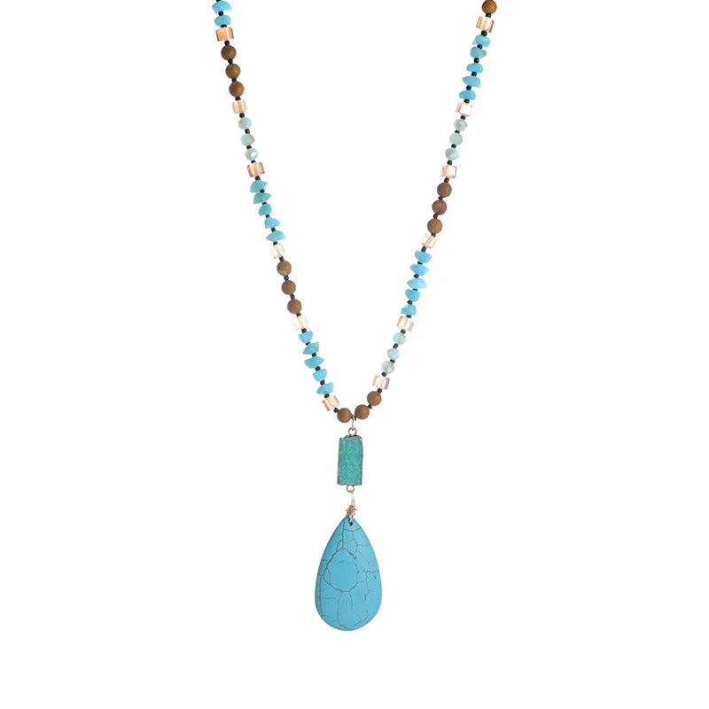Turquoise blue heart-shaped water drop pendant necklace with mixed gem inlays on ball bead chain