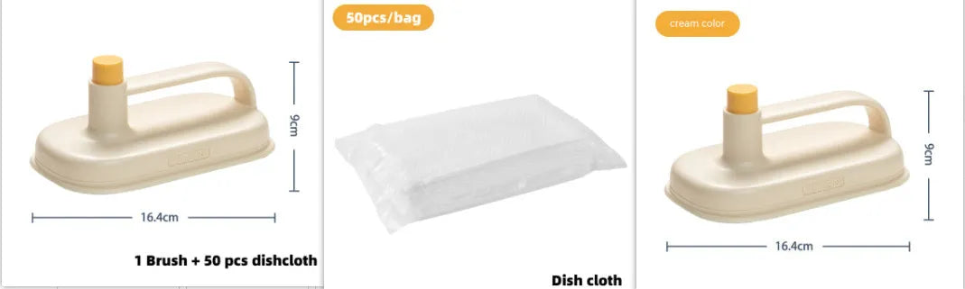 Disposable Magic Cleaning Brush with plastic handle and a pack of 50 white non-woven replacement rags.
