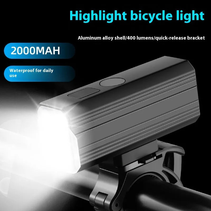 Aluminium alloy bicycle headlights with silicone mounting bracket showing 400 lumen brightness rating