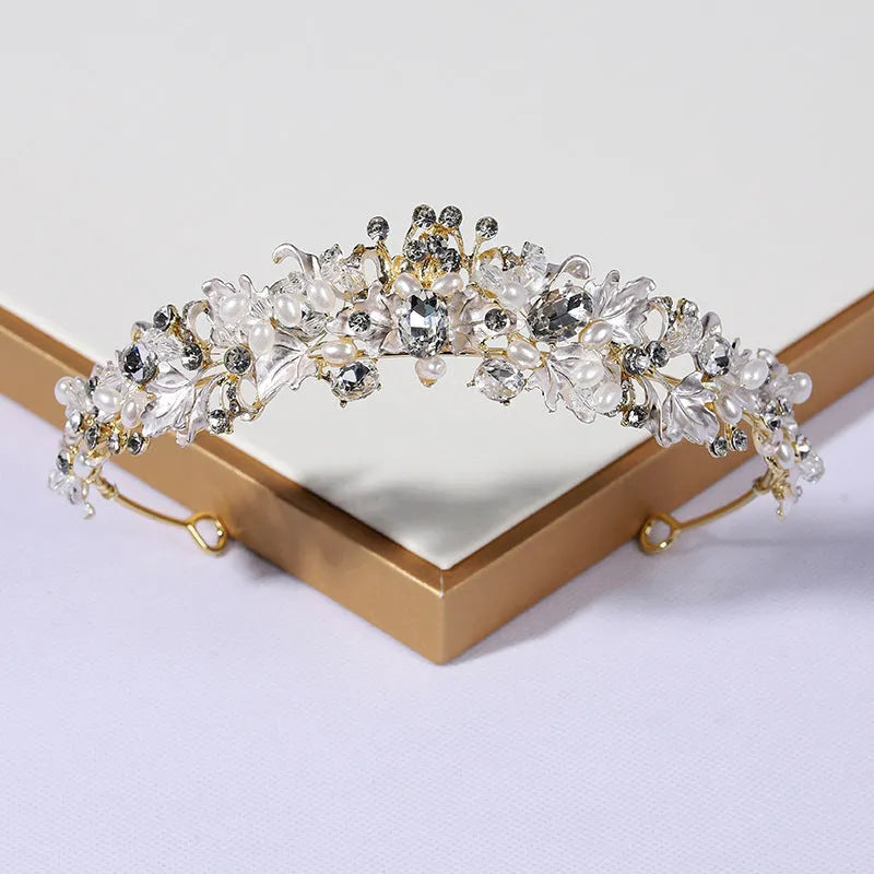 Gold or silver electroplated alloy pearl crown headdress for women's formal hair accessories