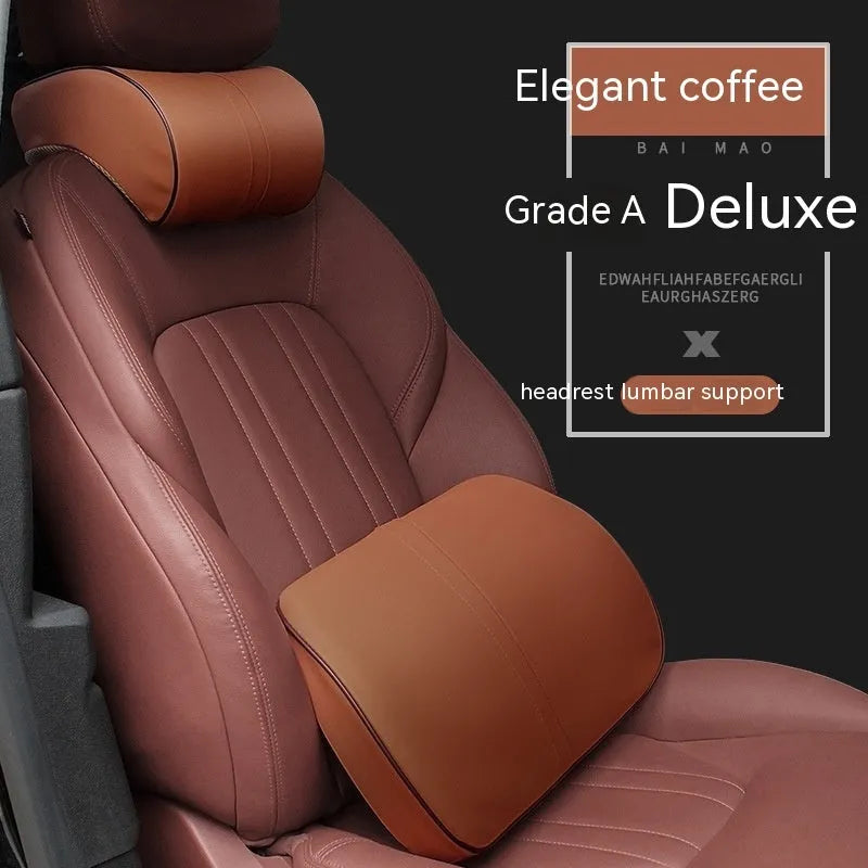 Memory foam car cushion headrest with leather exterior and cotton filler shown in coffee colour