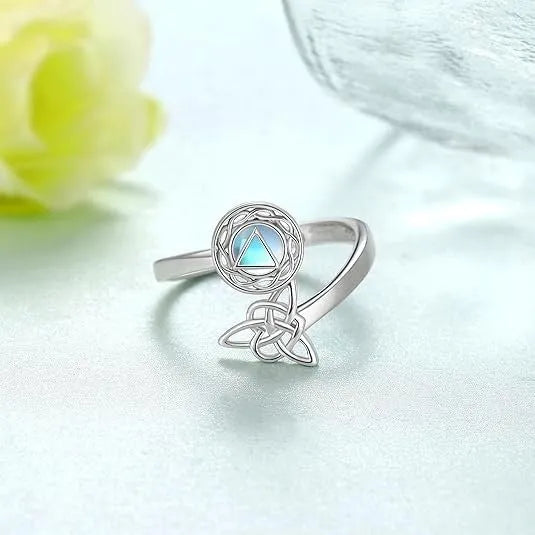 Rotating moonstone ring with adjustable opening, white gold electroplated finish, geometric circle and triangle design