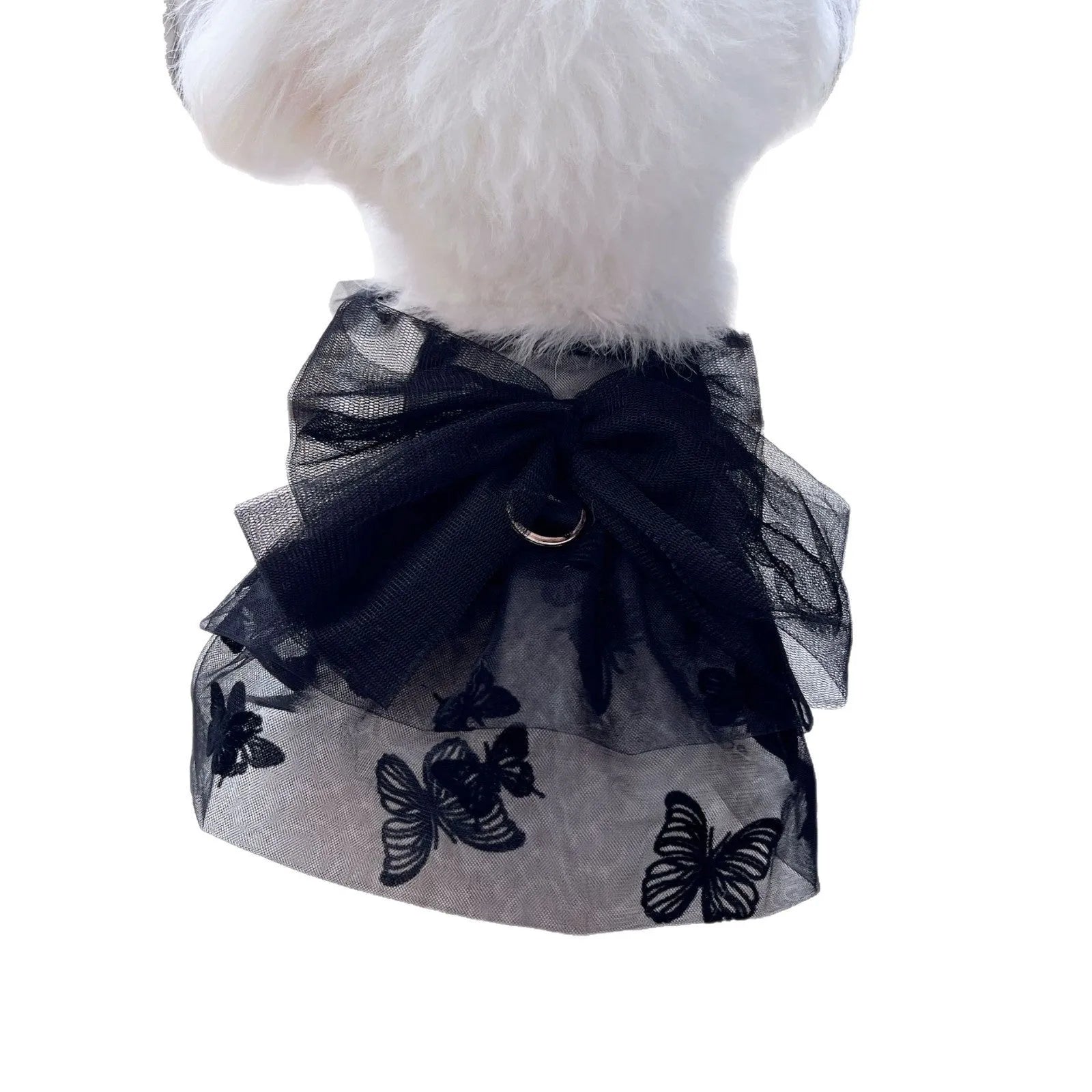 Black layered tulle princess skirt on a small dog, showing chest fit and back length.