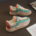 Women's beige thick-sole stitching sneakers with round toe and front lacing on a white background