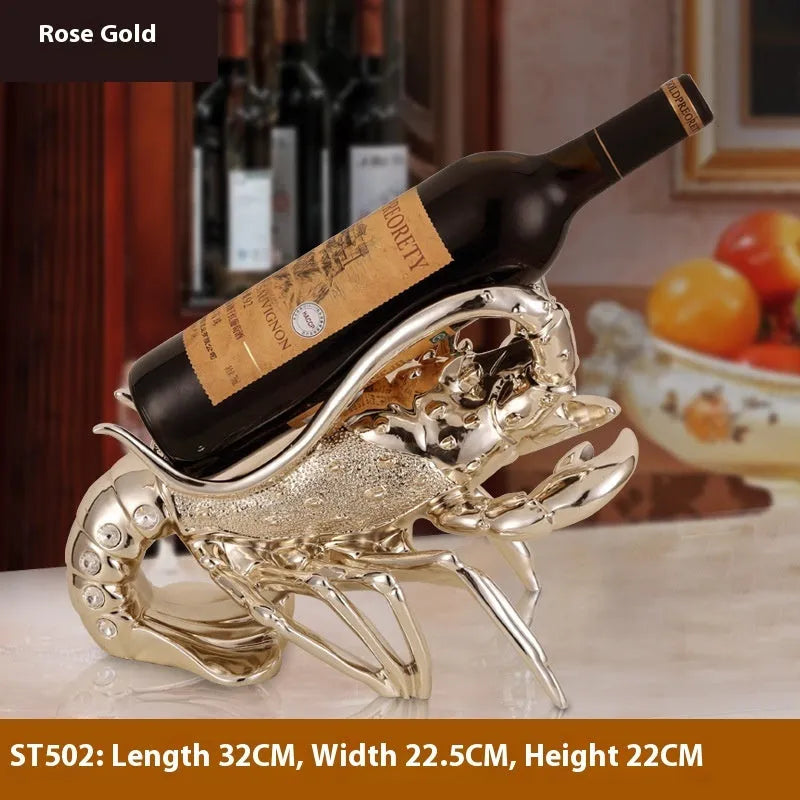 Lobster-shaped wine rack ornament in rose gold or silver holding wine bottle