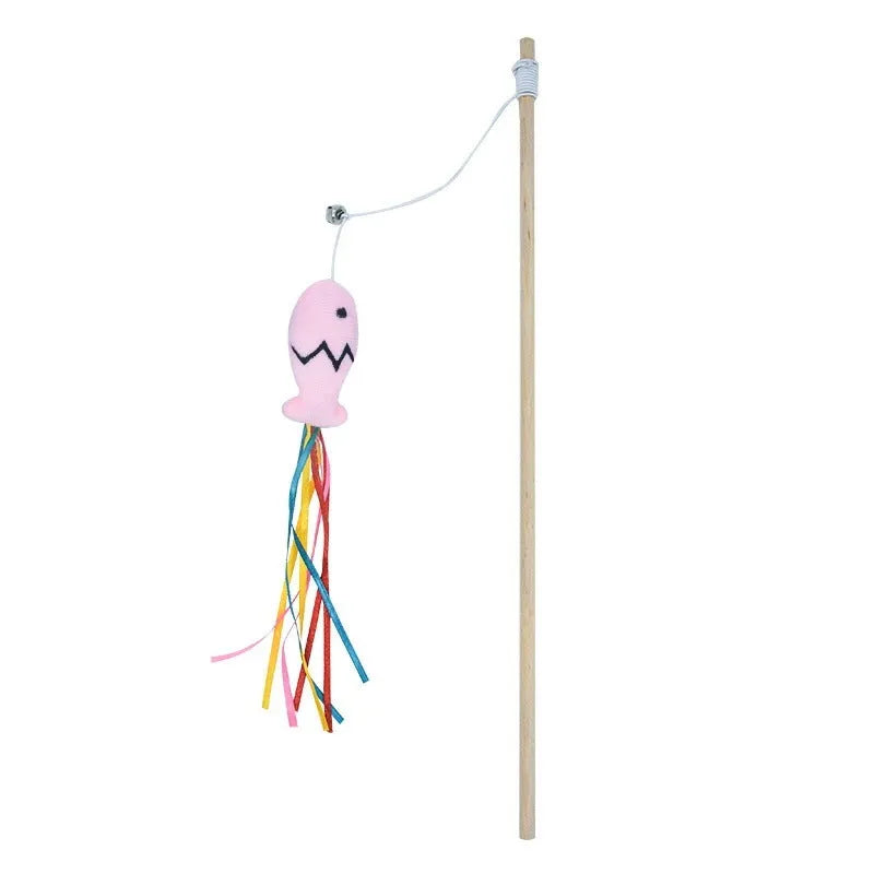 Cat wand toy with wooden handle, colourful ribbons, bell and catnip fish attachment