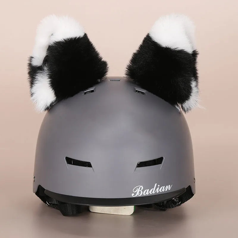 A soft plush cartoon character cover stretched over a medium-sized motorcycle helmet.