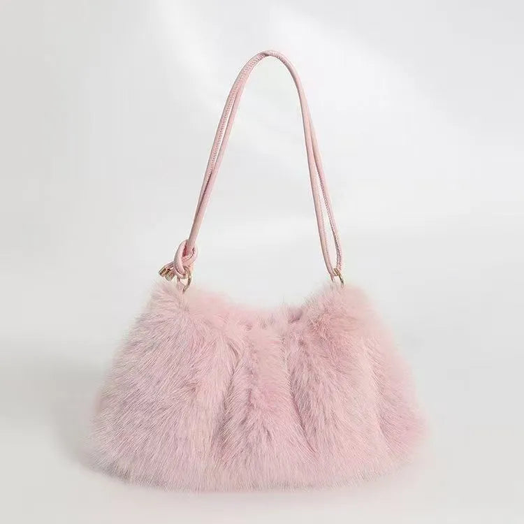 Soft plush underarm bag for women in khaki with single shoulder strap and compact 35x17x9cm size