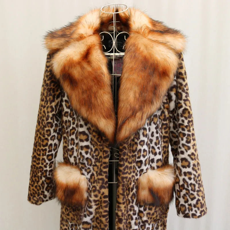 Long leopard print artificial fur jacket for women on a hanger, showing full length and regular sleeves.