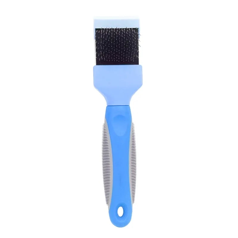 Double sided pet grooming brush with stainless steel pins on a blue handle