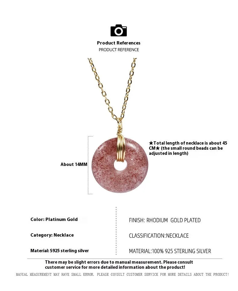 S925 sterling silver necklace with strawberry quartz peace buckle pendant on adjustable cross chain