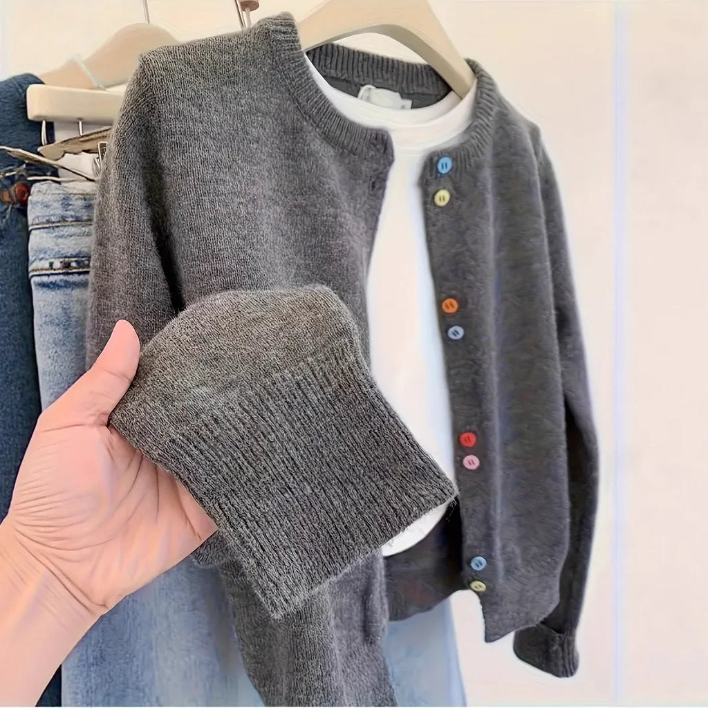 Dark grey women's polyester cardigan sweater with button front and regular sleeves
