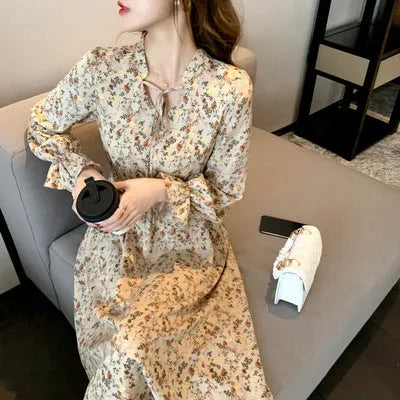 Retro waist-cinching A-line floral dress for women in apricot polyester fabric available in sizes S to 2XL
