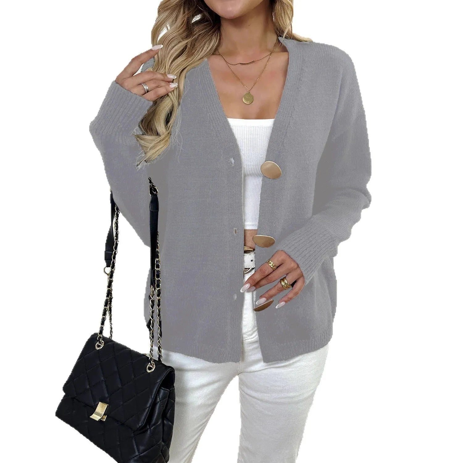 A grey women's deer plush sweater coat with long princess sleeves and an irregular hem.