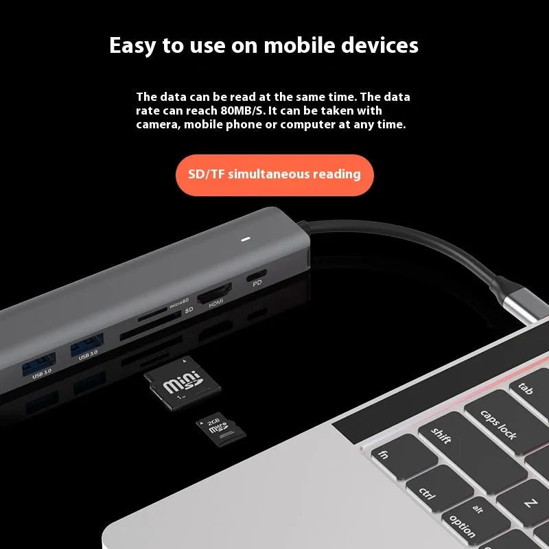 LQT-LH07 7-in-1 USB-C card reader and computer hub with SD and microSD slots.