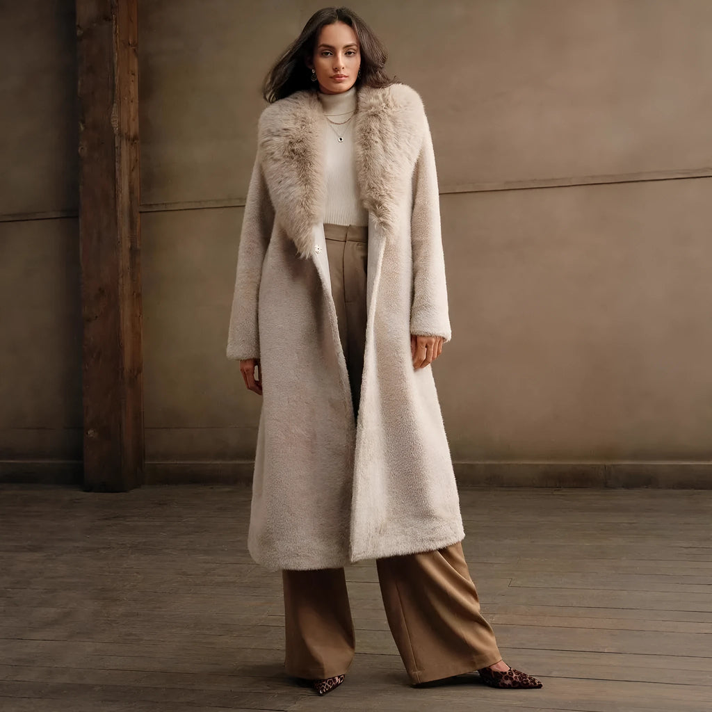 Women's lengthened faux fur winter coat in camel colour with regular sleeves