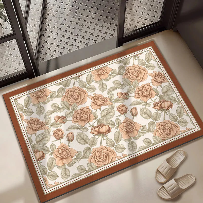 Diatomaceous earth absorbent bath mat 50x80cm in beige with anti-slip surface on bathroom floor