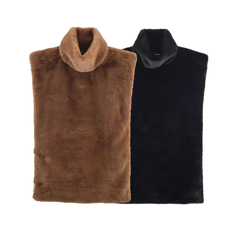 Casual women's furry half-turtle neck sleeveless top in black, short length polyester