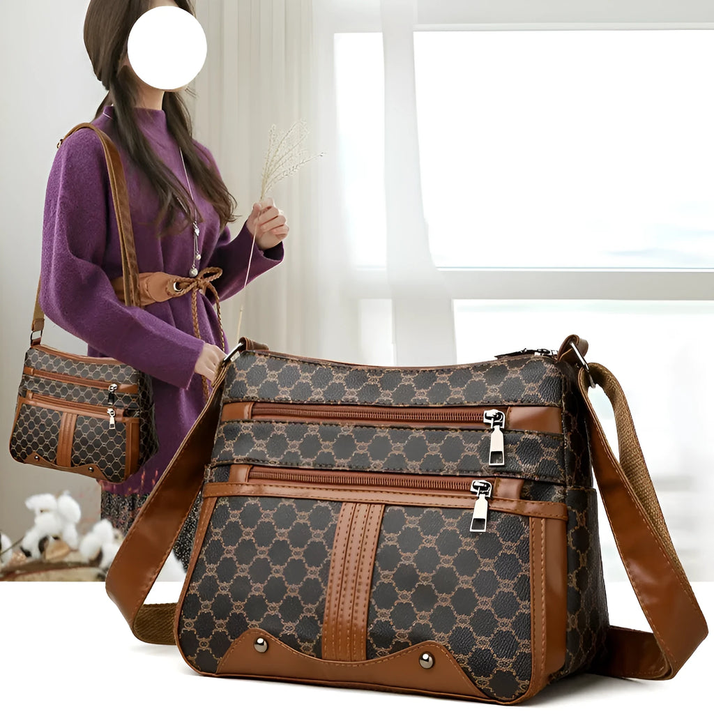 Brown women's large crossbody bag with stitching pattern on PU leather.