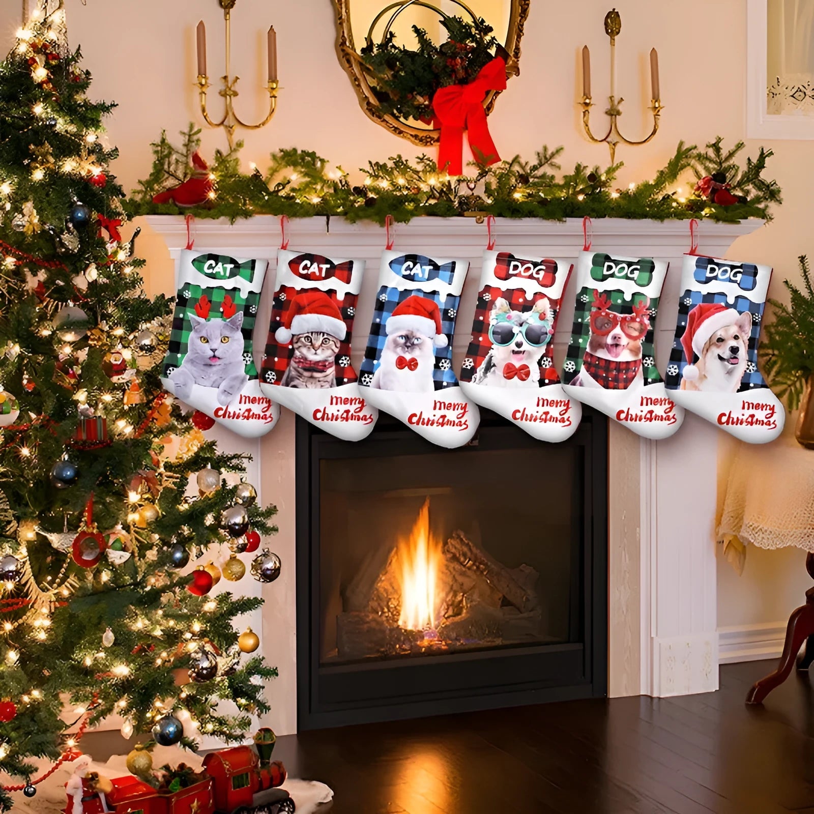 Printed cloth Christmas decoration with puppy cat motifs measuring 26x36cm in plaid colour variants