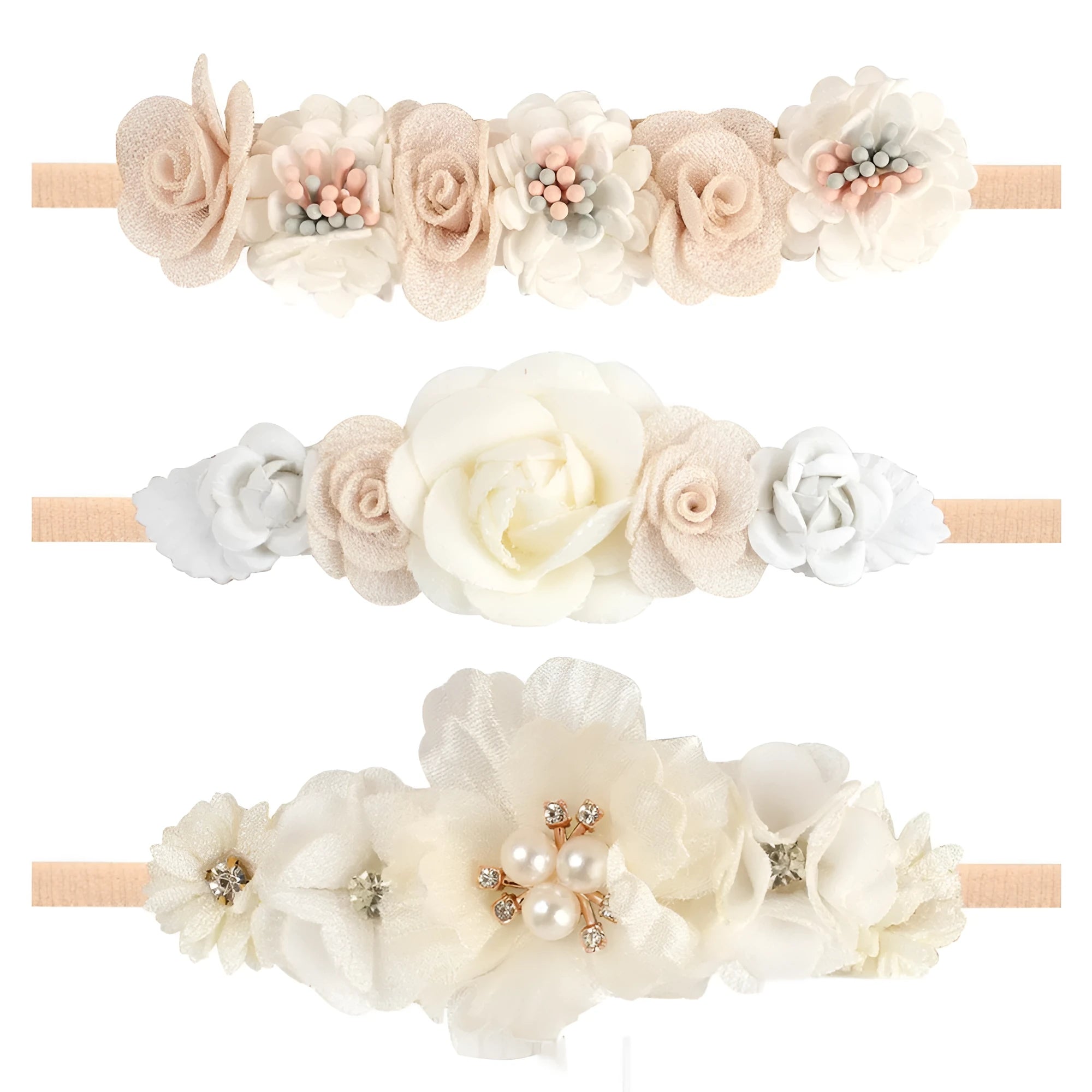 Set of three cloth flower-shaped baby hair bands in different styles