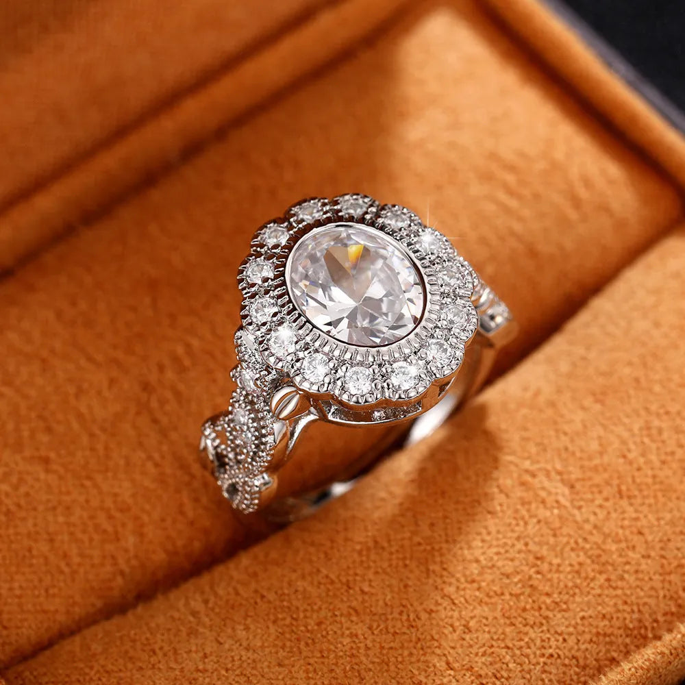 Women's geometric ring with round zircon stone and white gold coloured diamond copper plating