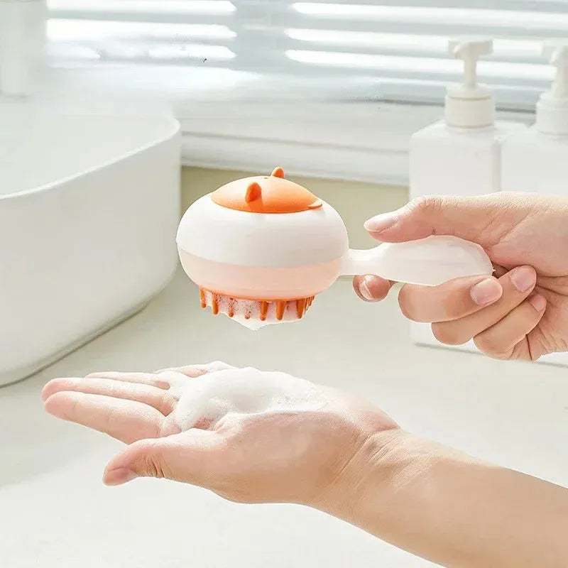 Automatic cleaning pet bath brush with soft gel massage pads in blue and orange colour options