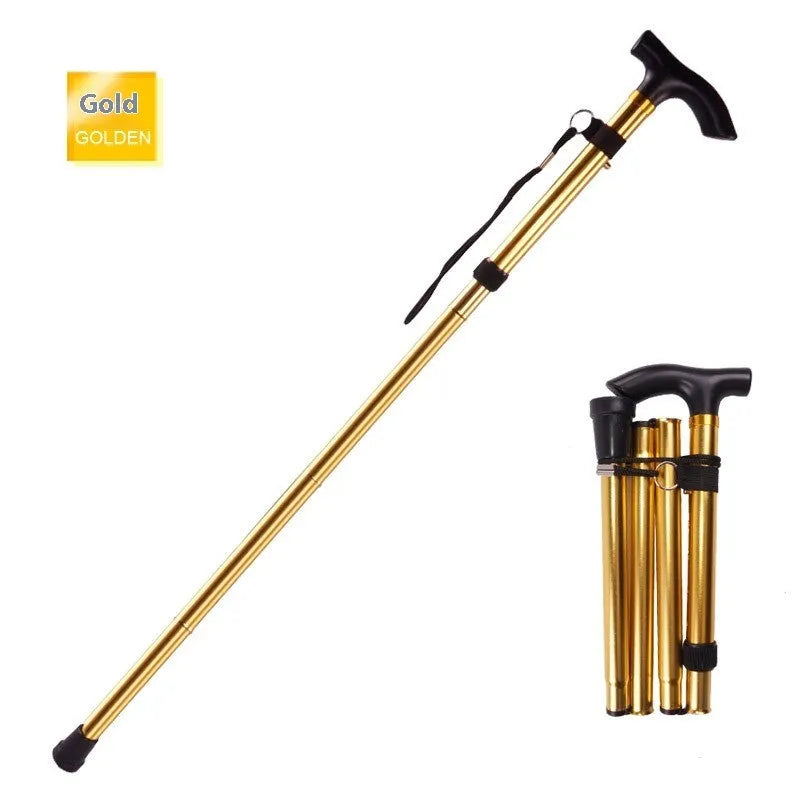 Aluminium alloy folding walking cane extended, showing adjustable sections and non-slip tip.