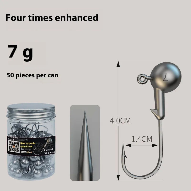 Enhanced strength fishing jig hooks in primary colour with lead heads, 50-piece pack
