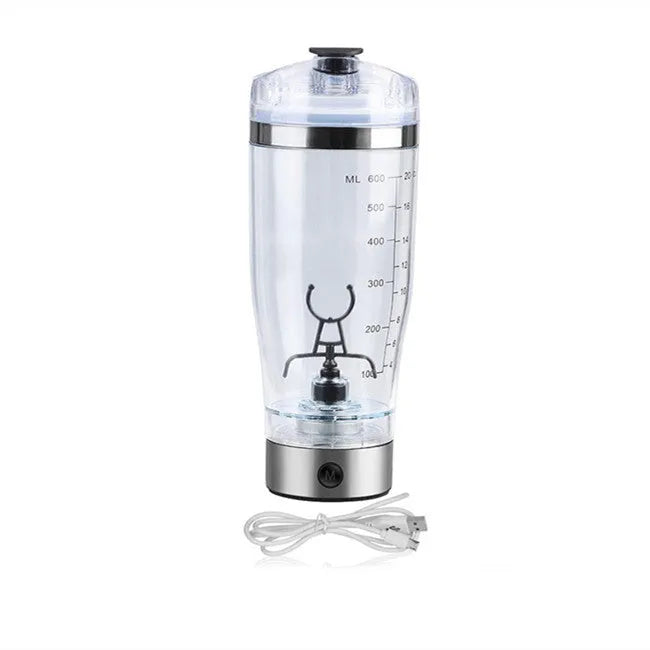 Stainless steel colour USB rechargeable electric shaker bottle with 600ml capacity.