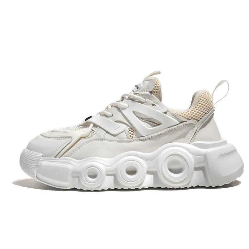 Men's black mesh sneakers with thick rubber sole and lace-up front in Korean style casual design