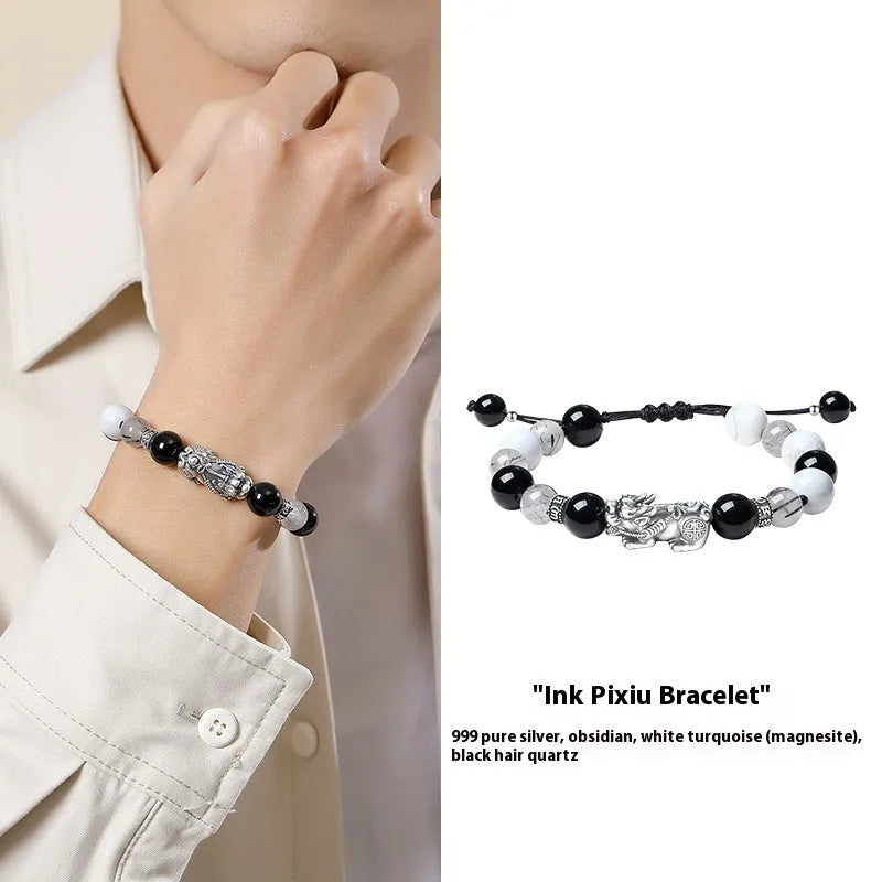 Handmade woven couple bracelet with sterling silver card and animal tassels