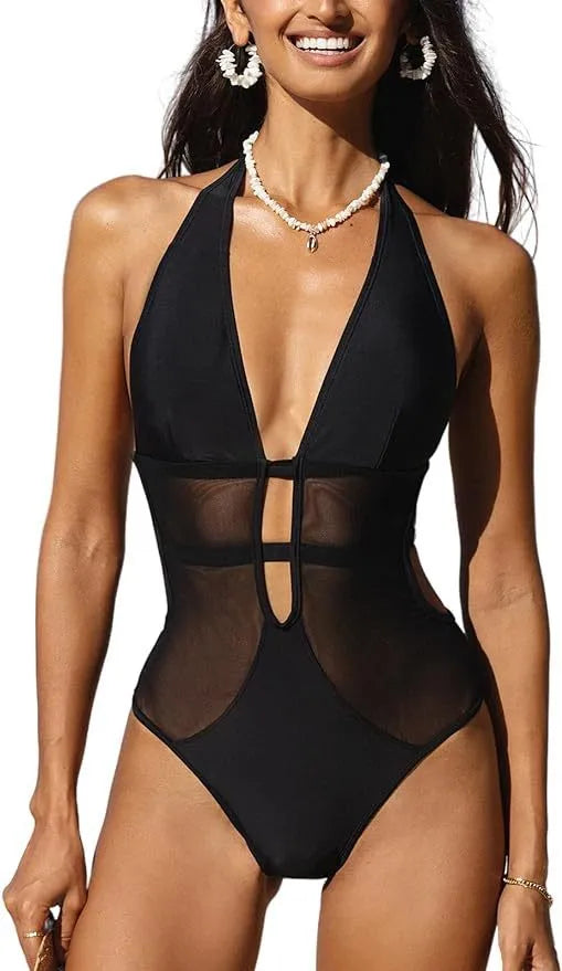 Black women's one-piece swimsuit with v-neck and mesh detailing