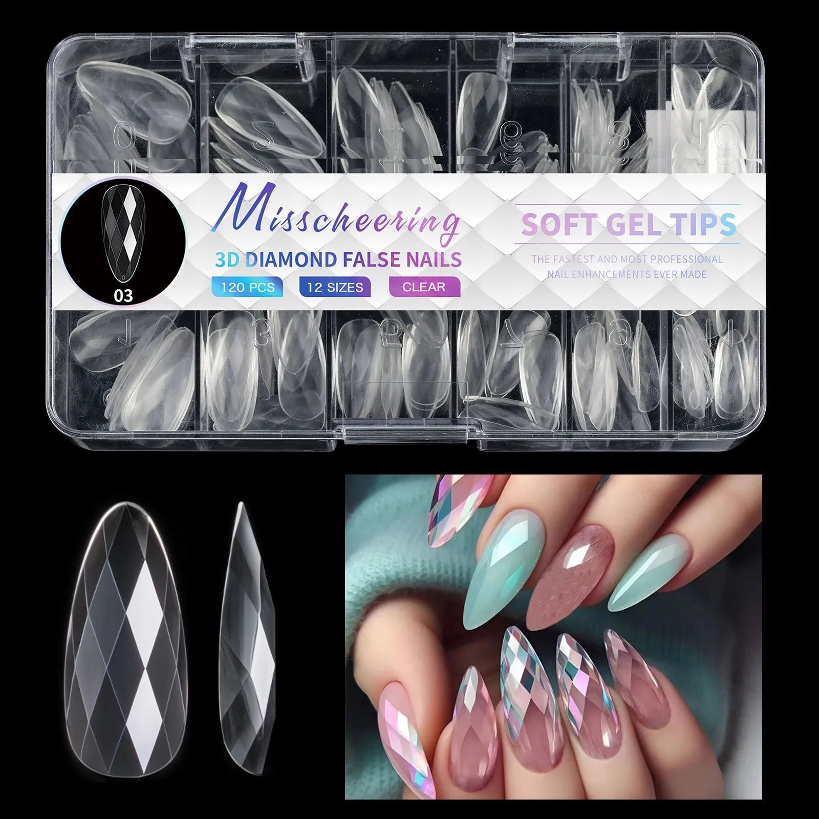 3D diamond pattern long nail tips in glitter colours for nail art enhancement