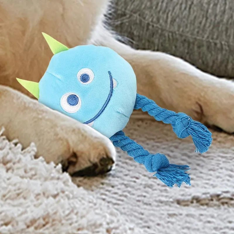 Blue and yellow cartoon dog squeaky toy with knot design made from cotton rope