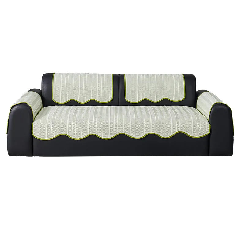 Ice Silk special-shaped straight row mat sofa cover with fixed non-slip cushions in Jelly Green.
