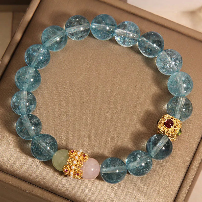 Blue Chinese style crystal bracelet with cube sugar colourful crystals and flexible diamond ring design for women