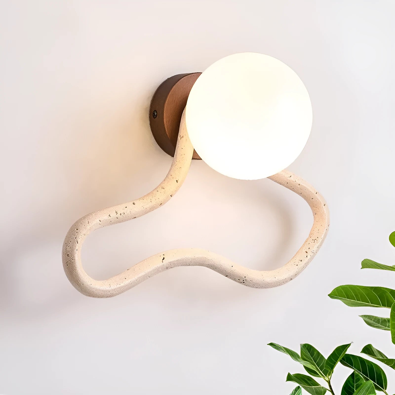 Cream coloured Middle Ancient style bedside wall lamp with travertine glass shade and wood base