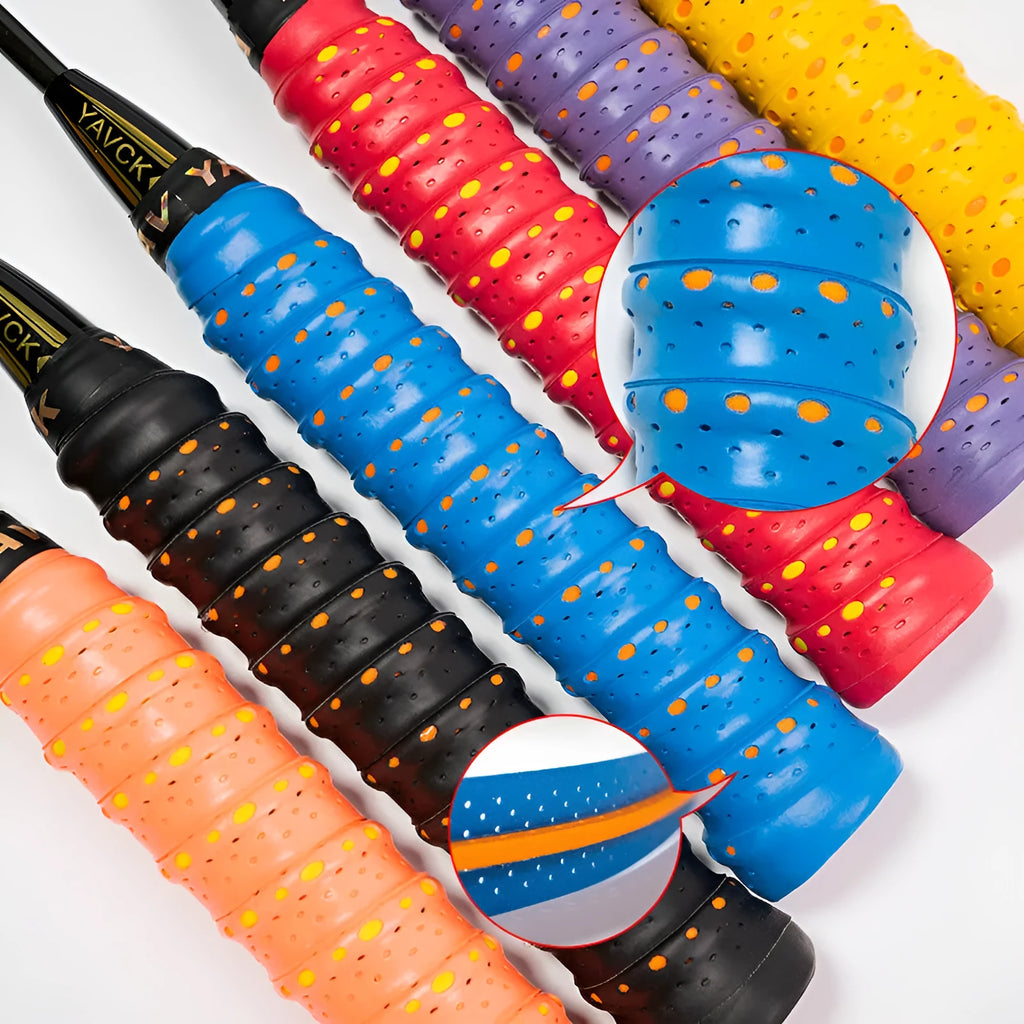PU anti-slip sweatband wrapped around a tennis racket handle, showing textured surface.