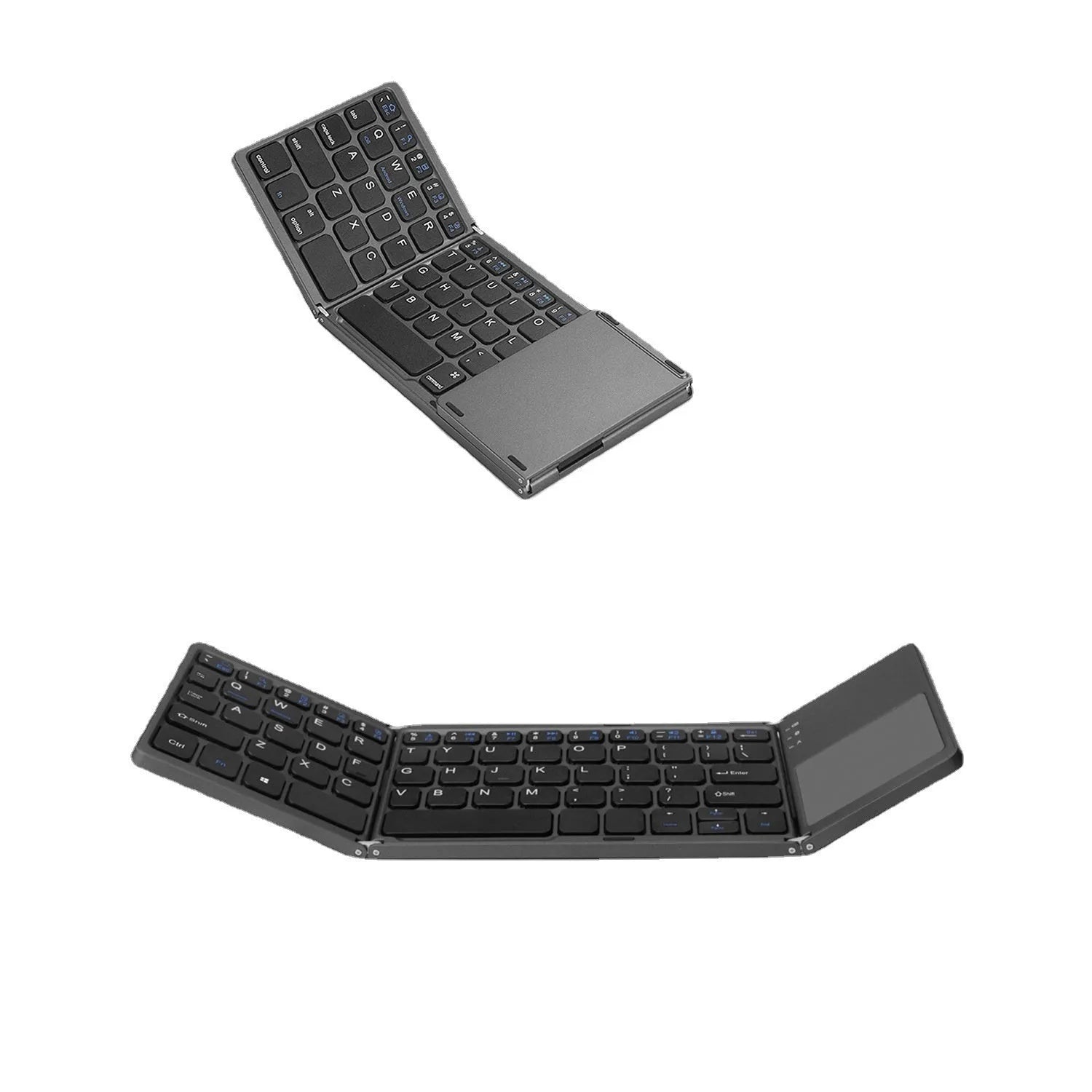 Tri-fold Bluetooth keyboard in black colour showing folded and unfolded positions