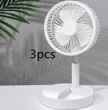 Black portable telescopic folding fan shown both folded and at full extended height.