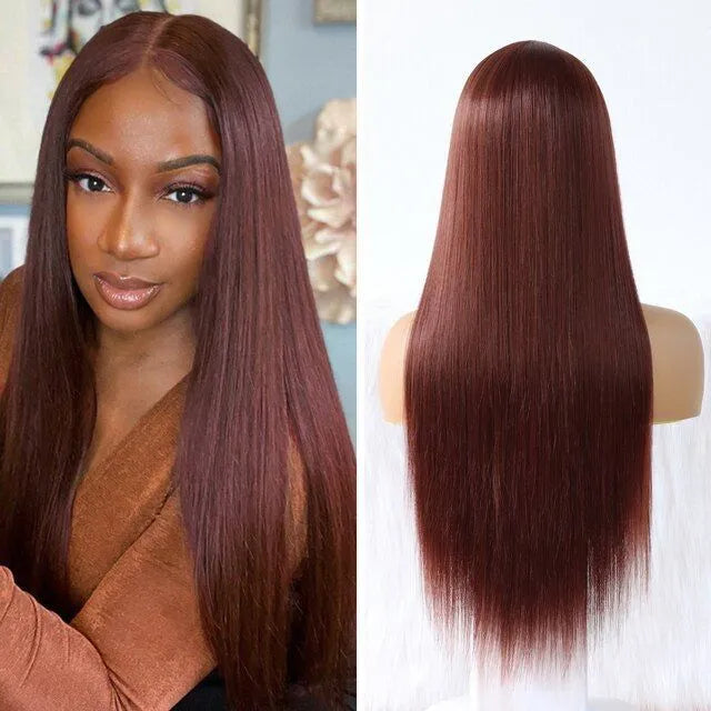 Red brown 33 colour human hair wig with transparent lace, long straight style with side bangs, 16-30 inch lengths