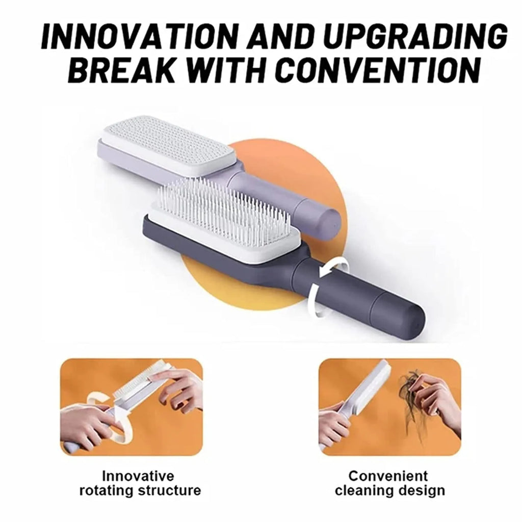 Roland purple self-cleaning hair brush with anti-static teeth and rotating telescopic handle on a white background.