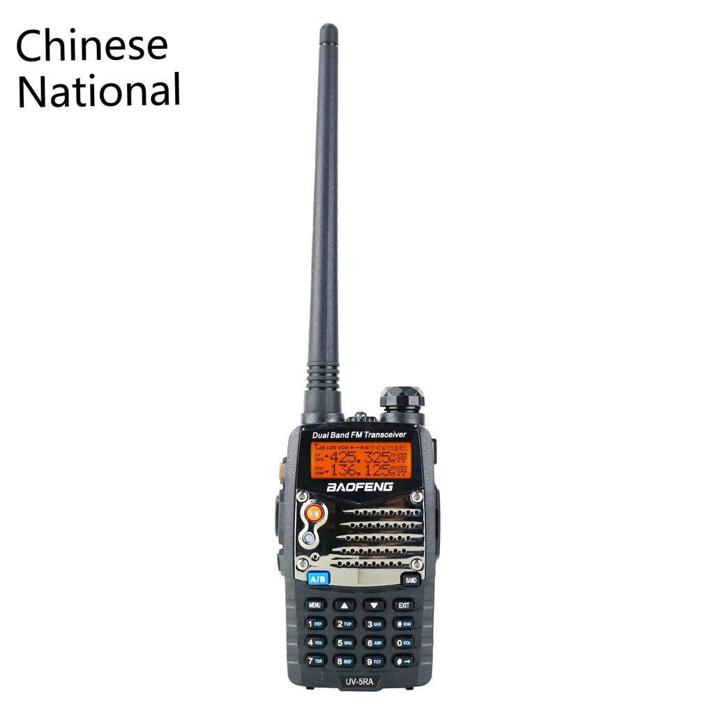 Baofeng UV-5RA dual-band two-way radio with dual display, shown without battery.