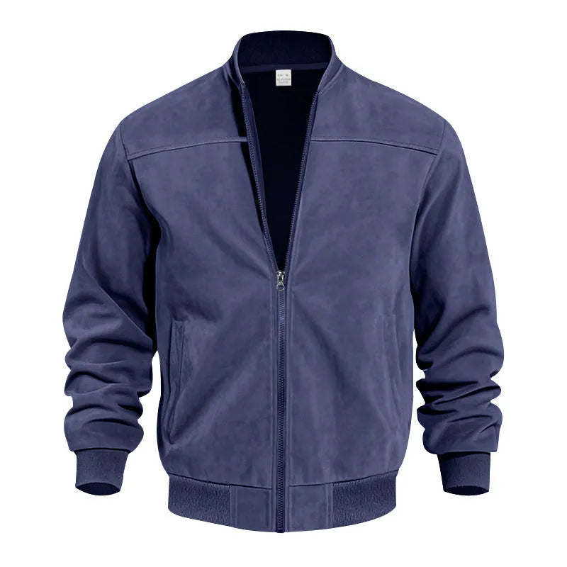 Men's casual plus size suede-effect zip jacket in Army Green colour on a hanger.