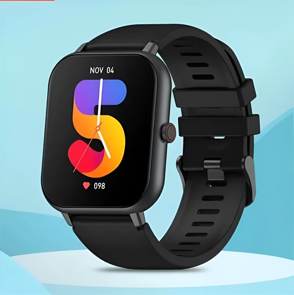 Black smart watch with heart rate monitor on wrist, showing TFT touchscreen displaying step count.