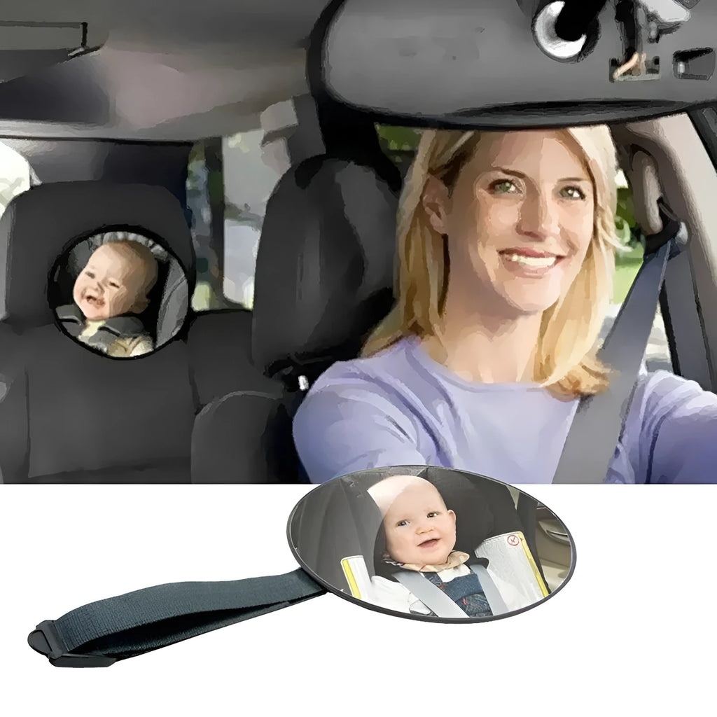 Black ABS baby safety rearview mirror with 17cm diameter and adjustable strap for car seat monitoring