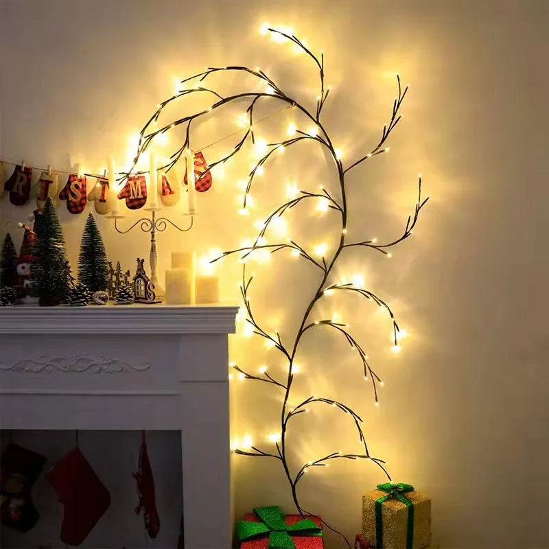 Flexible DIY willow vine Christmas garland with 144 warm white LED lights and birch bark texture.